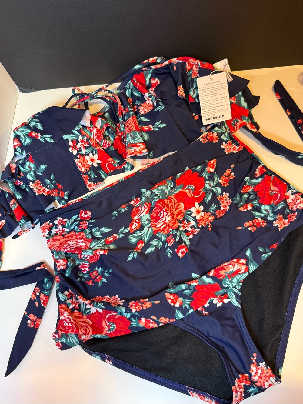 COCOSHIP Retro Boho Flounce Falbala High Waist Bikini Set – Navy Floral, Size 12